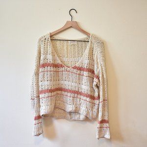 UO Crochet Cropped Ivory Stripe V-Neck Sweater L